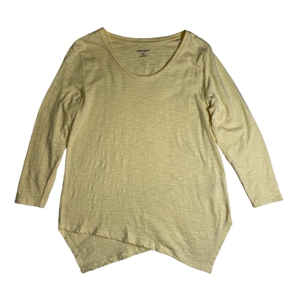 Studio Park Yellow Long Sleeve Asymmetrical Hem Cotton Shirt Size XS Slub Knit - Picture 5 of 9